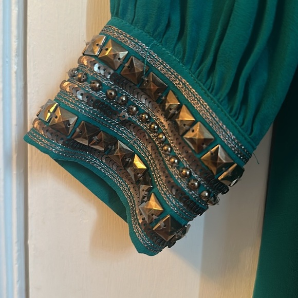 Guess by Marciano Teal 100% Silk Blouse XS | Beaded Cuff Detail - Picture 3 of 5